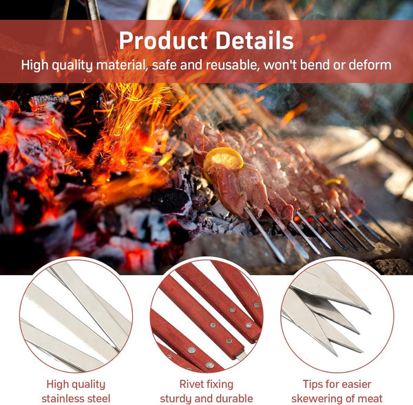 Barbecuespiesjes, roestvrij staal 40 cm, shish kebabspiesjes, roestvrij staal, platte vleesspiesjes, herbruikbaar, lange kebabspiesjes met houten handvat voor vlees, groenten, vleesspiesjes, barbecue