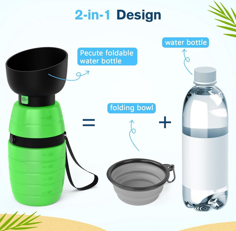 Drinkfles honden voor onderweg, hondendrinkfles, siliconen waterfles hond met opvouwbare waterschaal, hondendrinkfles voor onderweg. Huisdierdrinkbak, draagbaar, groen, M, 500 ml