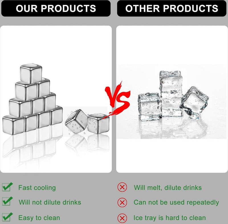 Roestvrij stalen ijsblokjes: 12 stuks whiskystenen ijsblokjes roestvrij staal met clips ijsblokjes herbruikbaar met high cooling-technologie herbruikbare metalen ijsblokjes voor whisky, wodka, wijn