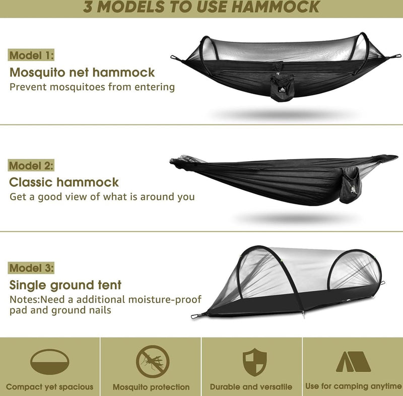 Ultra-Light Reizen Camping Hangmat, klamboe, hangmat, 300 kg draagkracht, ademend, sneldrogend parachute-nylon, 2 premium karabijnhaken, 2 nylon lussen inclusief zwart