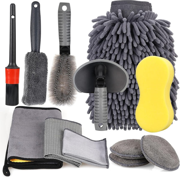 Reinigingsset voor de auto, autoreinigingsset, autoverzorgingsset, voor buiten, autowasset met bandenborstel, multifunctionele reinigingsdoekjes, voor auto, motorfiets, binnen en buiten, huishoudelijk schoonmaken