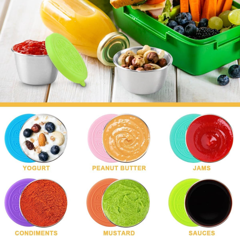 Saladecontainer, 6 x 70 ml kleine roestvrijstalen kruidencontainer, voedselopslagcontainers met deksel, dressingcontainer, herbruikbare mini-sauscontainer, snackdoos, voedselcontainerset