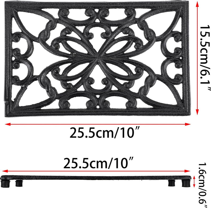 Gietijzeren potmat met vlinderpatroon, vintage roestvrij hittebestendig onderzetter met rubberen voetjes voor eettafel keuken hotpotbasis, kom zwart (25,5 x 15,8 x 1,6 cm)