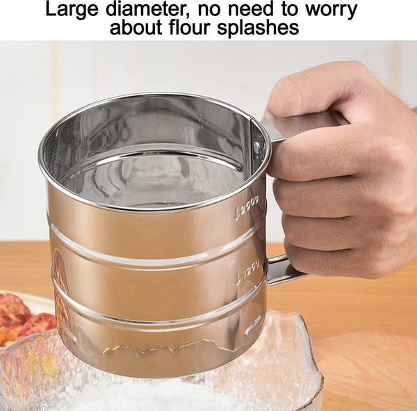 Eenhandsmeelzeef, roestvrijstalen bakzeef, meelzeef, poedersuikerzeef, meelzeef, fijne zeef van roestvrij staal, keukenzeef, roestvrijstalen shaker voor meel, rijst, granen, bonen, fruit