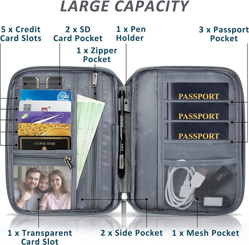 Paspoorttas paspoorthoes familie reizen portemonnee waterdichte reisorganizer voor het opbergen van creditcards ID-kaart instapkaarten tickets, grijs, Casual