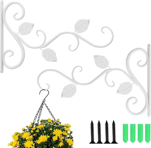 2 stuks houder voor bloemhouders, wandhouders hangmanden, lantaarn wandhouder uit, hangende ijzeren kunst buiten met bladpatroon hangende mand voor tuinvogelhuisjes, windspel (wit)