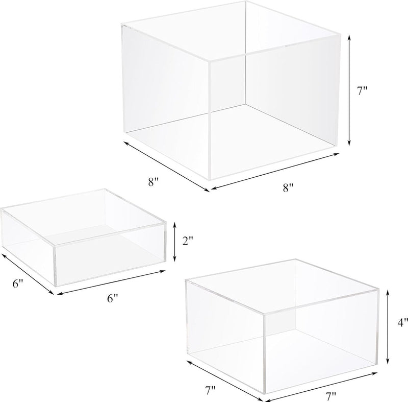 Set van 3 acryl kubusstandaarden, matte sieradendisplaydoos met holle basis, transparante nestvitrine taartstandaard voor verzamelobjecten, cosmetica, dessert, 3 maten