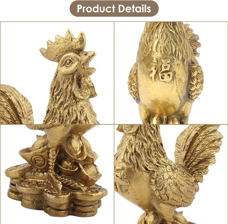 Messing Figuur Haan Gemaakt van Zuiver Koper Kip Decoratie, 10cm / 3,94 Inch Gunstige Haan Standbeeld Ingots Rijkdom Feng Shui Sculptuur Thuiskantoor Chinese Dierenriem Ornament