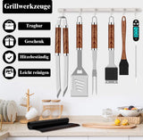 26 stuks roestvrij stalen barbecue-accessoires, hoogwaardige BBQ-grillbestek, koffer, perfecte grillgereedschapsset voor mannen, cadeau met draagbare opbergkoffer en vleesthermometer, bruin