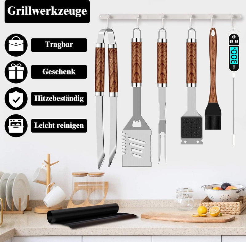 26 stuks roestvrij stalen barbecue-accessoires, hoogwaardige BBQ-grillbestek, koffer, perfecte grillgereedschapsset voor mannen, cadeau met draagbare opbergkoffer en vleesthermometer, bruin
