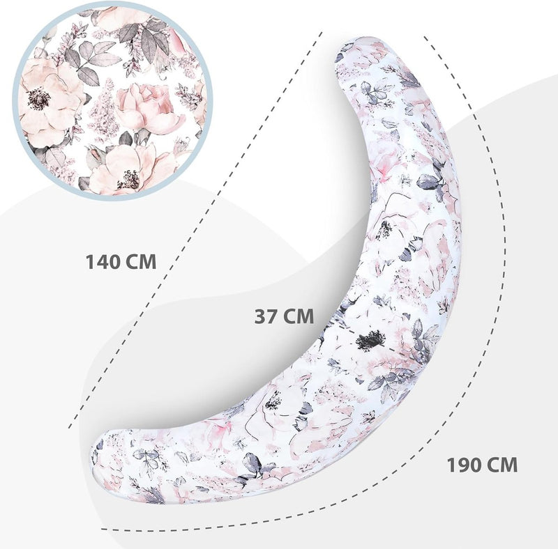 Borstvoedingskussen, XXL, zijslaapkussen, katoen - zwangerschapskussen, ondersteuningskussen, volwassenen, 165x70 cm, wilde roos