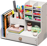 Bureau-organizer met lade, wit, pennenhouder met hoge capaciteit, bureau, doe-het-zelf desktop nette kantoororganizer, pennenorganizer voor kantoor, school en thuis