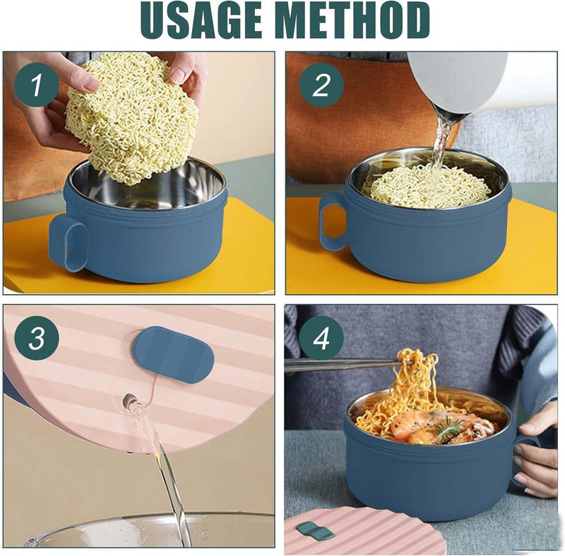 Ramen Bowl Set, roestvrijstalen Ramen Bowl, Japanse soepkom, 1200 ml Ramen Bowl met deksel, traditioneel Japans servies (poederblauw)