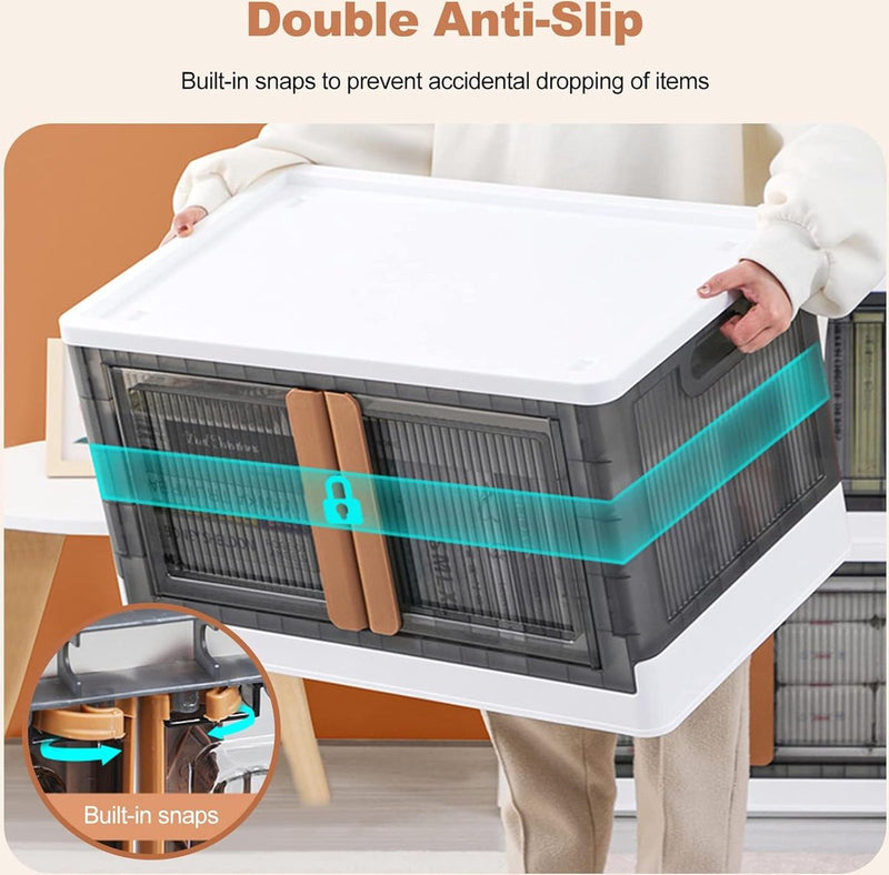 Opvouwbare kunststof opbergdoos, opbergdoos met deksel en wielen, dubbele opening, stapelbare opbergdoos, transparant, voor kantoor, kinderkamer, keuken en woonkamer
