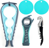 5-delige multifunctionele blikopenerset, 5-in-1 dekselopener, bierflesopener, antislip rubberen potopener (grijs en blauw)