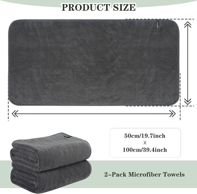 Set van 2 microvezelhanddoeken, microvezelhaarhanddoek, pluizige microvezelbadhanddoek, microvezelhanddoeken voor haar, zachte en absorberende douchedoeken, 50 x 100 cm, donkergrijs