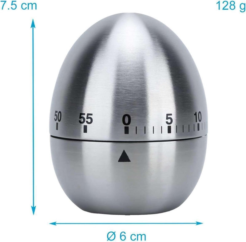 Eierwekker in zilver, roestvrij staal, keukentimer in elegant eiervormig design, korte wekker voor de keuken tot 55 minuten