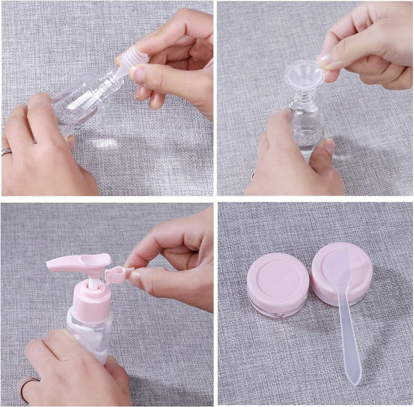Lege reisflessen set kleine cosmetische container, navulbaar voor vliegtuigshampoo vloeistof draagbare vlucht handbagage accessoires met transparante toilettas, 12 stuks, roze