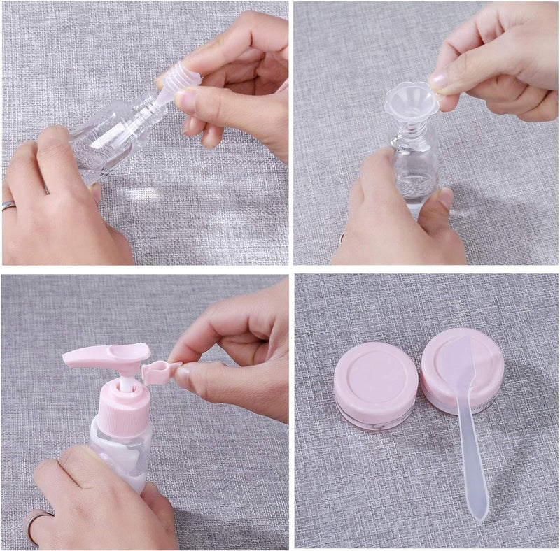 Lege reisflessen set kleine cosmetische container, navulbaar voor vliegtuigshampoo vloeistof draagbare vlucht handbagage accessoires met transparante toilettas, 12 stuks, roze