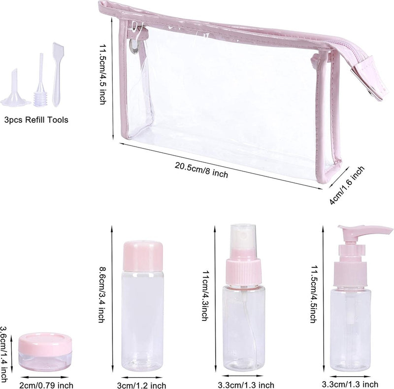 Lege reisflessen set kleine cosmetische container, navulbaar voor vliegtuigshampoo vloeistof draagbare vlucht handbagage accessoires met transparante toilettas, 12 stuks, roze