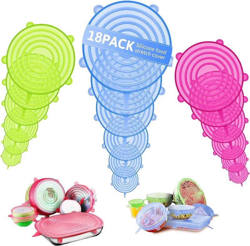 18-delige siliconen dekselset - herbruikbare siliconen deksels voor potten - extra scheurbestendig en rekbaar, geschikt voor de meeste containers - premium deksels voor blikjes en kommen