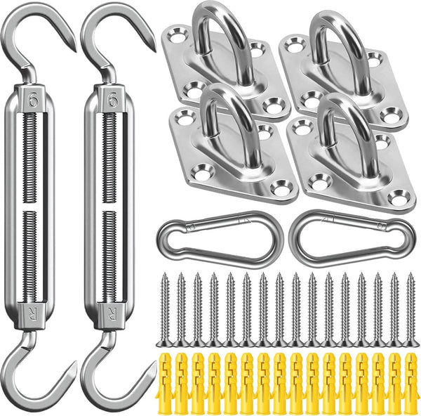 Zonnezeil bevestigingsset M6 - hoogwaardig roestvrij staal 304 - draagvermogen van 80 kg - karabijnhaken, klimgespen, wandhouders, schroeven en kunststof verlengingen inbegrepen