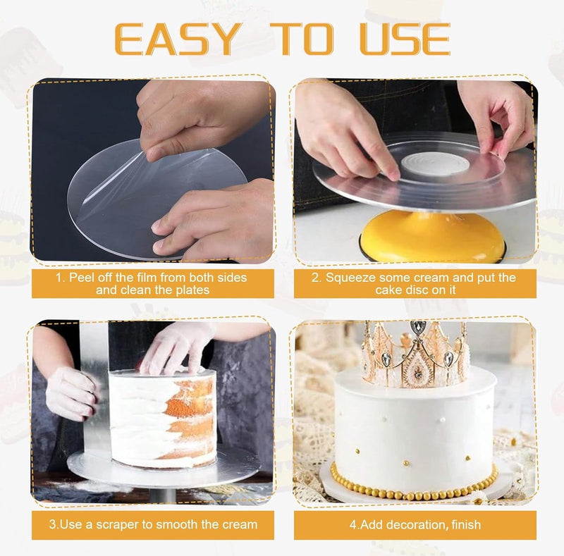 4 stuks taartplateaus rond acryl, diameter 16 cm x 3 mm, transparant met acryl taartschraper, niet-klevend taartbord voor het gladmaken en arrangeren van taarten, doe-het-zelf