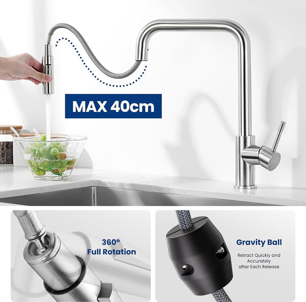 Keukenkraan, keukenkraan met uittrekbare douchemengkraan Keuken met 2 straalsoorten, keukenkraan, 360° draaibaar, keukenkraan, keukenkraan, roestvrij staal