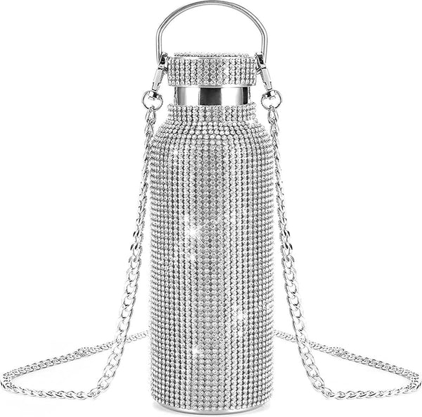 Diamant Waterfles, 750 ml, roestvrij staal, thermosfles, strassteentjes, isoleerfles, diamant thermosfles met ketting, lekvrije diamant thermosbeker, meisjes favoriete mokken, zilver