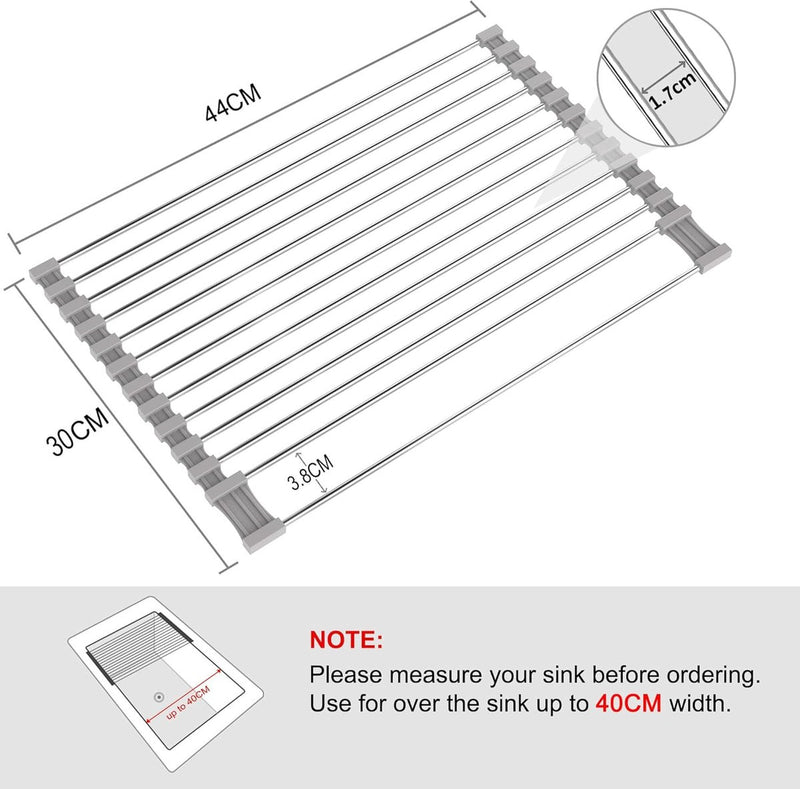 roestvrijstalen afdruiprek, opvouwbaar en afneembaar roestvrijstalen spoelbak, roldroogrek, roldroogrek, afvoergaasmand, 43 cm x 35 cm, grijs