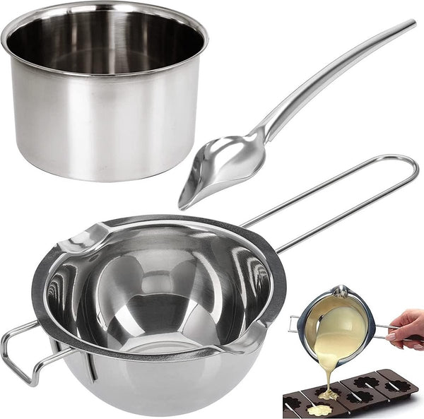 Roestvrijstalen ketelkom, melkkom, fusionkom, platte bodem, lepel voor chocolade, kaas, suiker, boter, kaas, karamel, kaarsen, 480 ml