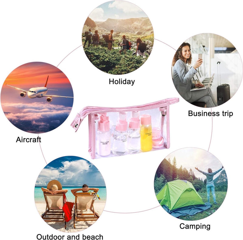 Lege reisflessen set kleine cosmetische container, navulbaar voor vliegtuigshampoo vloeistof draagbare vlucht handbagage accessoires met transparante toilettas, 12 stuks, roze