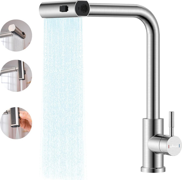 Kraan keuken, keukenkraan met sproeier, uittrekbaar voor de keuken, eengreeps, uittrekbare spoelbakarmatuur, 1 gat 360° draaibaar, hogedruk waterval, geborsteld roestvrij staal