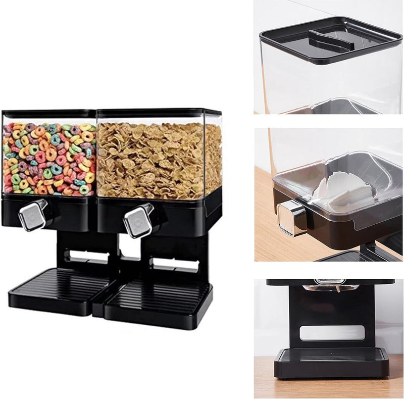 Double Cereal dispenser, vierkante keramische dispenser, versnippert geen granen bij het uitgeven, luchtdicht gesloten, transparant, voor muesli/diervoer/snoep