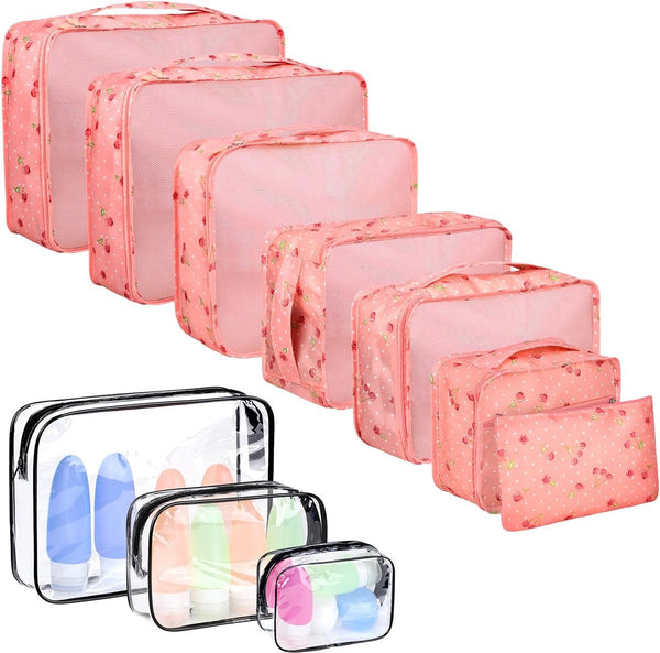 Kofferorganizer, 10 stuks, kofferorganizerset, waterdichte bagage-organizer, pakkubussen voor toiletartikelen, kleding, schoenen, cosmetica, lichtgewicht, bagage-organizer, roze kers
