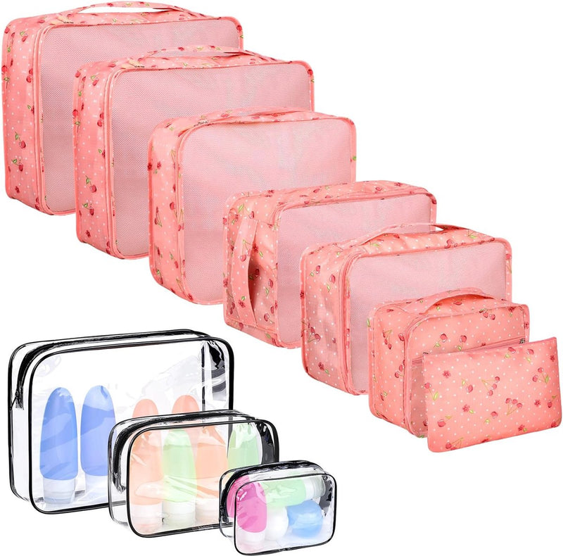 Kofferorganizer, 10 stuks, kofferorganizerset, waterdichte bagage-organizer, pakkubussen voor toiletartikelen, kleding, schoenen, cosmetica, lichtgewicht, bagage-organizer, roze kers