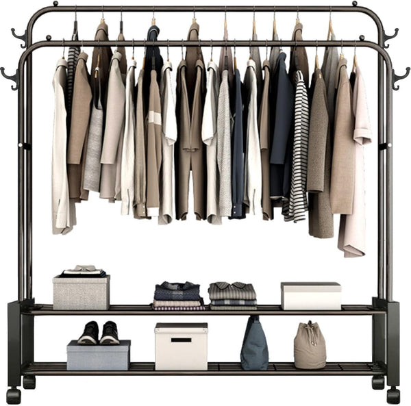 Kledingroede met 2 bovenstangen, 2 onderplanken en 4 kapstokhaken. Dubbele kapstok voor thuis, slaapkamer, woonkamer