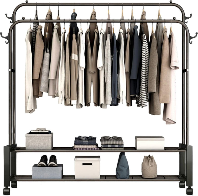 Kledingroede met 2 bovenstangen, 2 onderplanken en 4 kapstokhaken. Dubbele kapstok voor thuis, slaapkamer, woonkamer