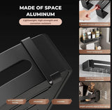 Badkamerplank zwart douchemandje en keukenopberger zonder boormachine. Roestbestendige aluminium badkamerwagen voor wandmontage met 8 haken (2 planken).