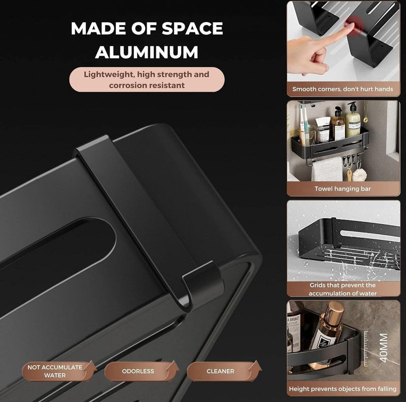 Badkamerplank zwart douchemandje en keukenopberger zonder boormachine. Roestbestendige aluminium badkamerwagen voor wandmontage met 8 haken (2 planken).