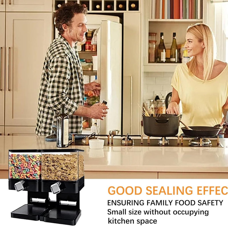 Double Cereal dispenser, vierkante keramische dispenser, versnippert geen granen bij het uitgeven, luchtdicht gesloten, transparant, voor muesli/diervoer/snoep