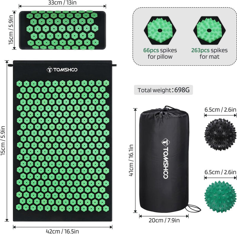 Acupressuurmattenset, Shiatsu-massagemat, acupunctuurmassagemat met hoofdkussen en 2 massageballen, tas, voor verlichting van rugpijn, hoofd-nekpijn, verlichting van spanning