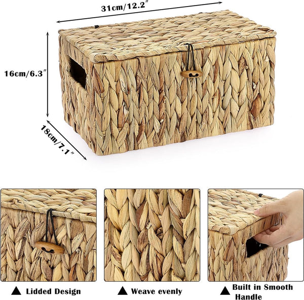 Natuurlijke opbergmand van waterhyacint zeegras, geweven waterdichte opbergkist met deksel in de woonkamer, keuken, kledingkast voor kleding, boeken, groenten, cosmetica, 31 x 18 x 16 cm
