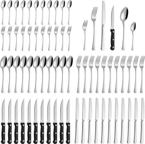 Bestekset, 72-delige bestekset voor 12 personen met steakmes, mes vorklepel, roestvrijstalen bestek voor familie/feest/restaurant, spiegelglans gepolijst & vaatwasmachinebestendig