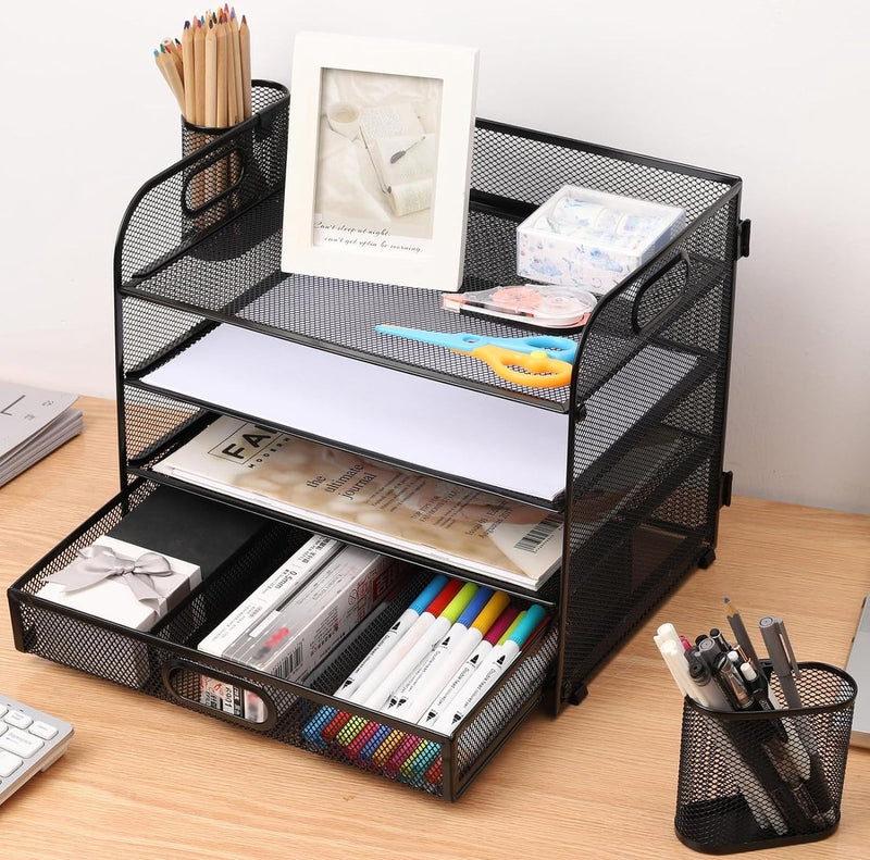 Mesh Brievenbak Organisator, Bureau Nette Organisator Bestand Documenthouder A4 Papieren Archiefladen voor Thuiskantoor School (Mesh Metal 4 Tier + Lade + Penhouder)