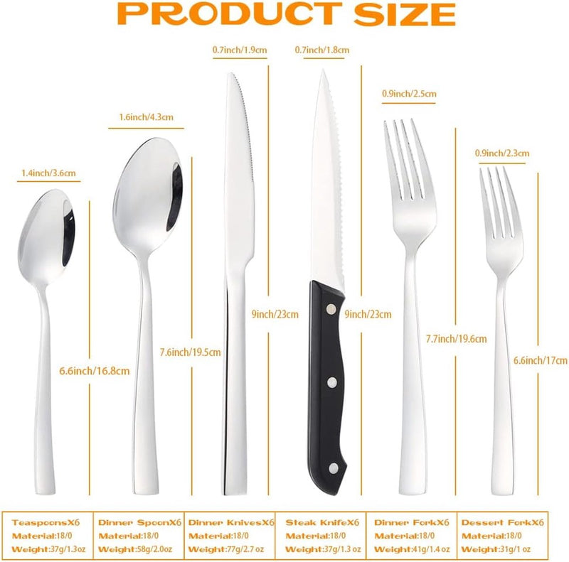 Bestekset voor 6 personen, 36-delig roestvrij staal, bestek incl. messen, vork, lepel, steakmessen, spiegelgepolijst, vaatwasmachinebestendig