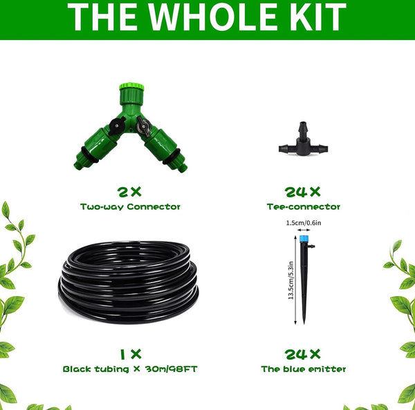 Irrigatiesysteem voor in de tuin, automatisch bewateringssysteem, 30 m, irrigatieset, micro-irrigatieset, doe-het-zelf tuinirrigatie voor planten, tuin, broeikas, bloemen, voor landschap