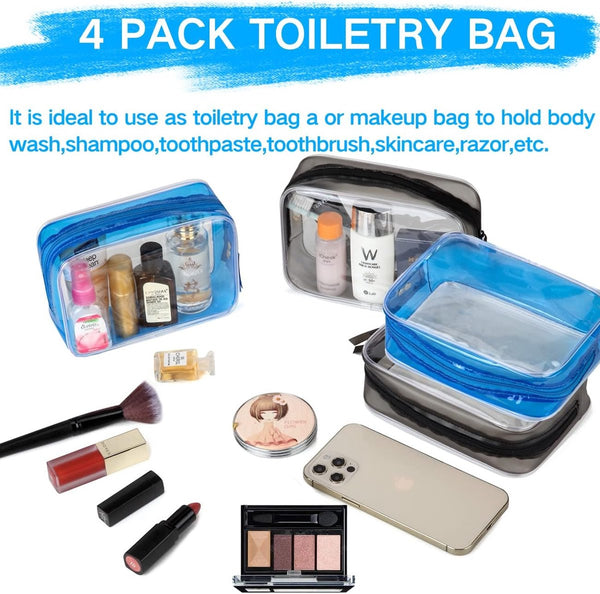 Transparante toilettas, transparant, voor dames en heren, 2 stuks zwart 2 stuks blauw