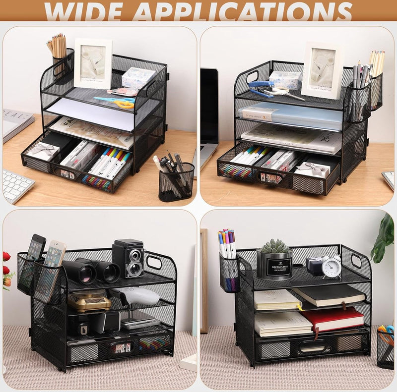Mesh Brievenbak Organisator, Bureau Nette Organisator Bestand Documenthouder A4 Papieren Archiefladen voor Thuiskantoor School (Mesh Metal 4 Tier + Lade + Penhouder)