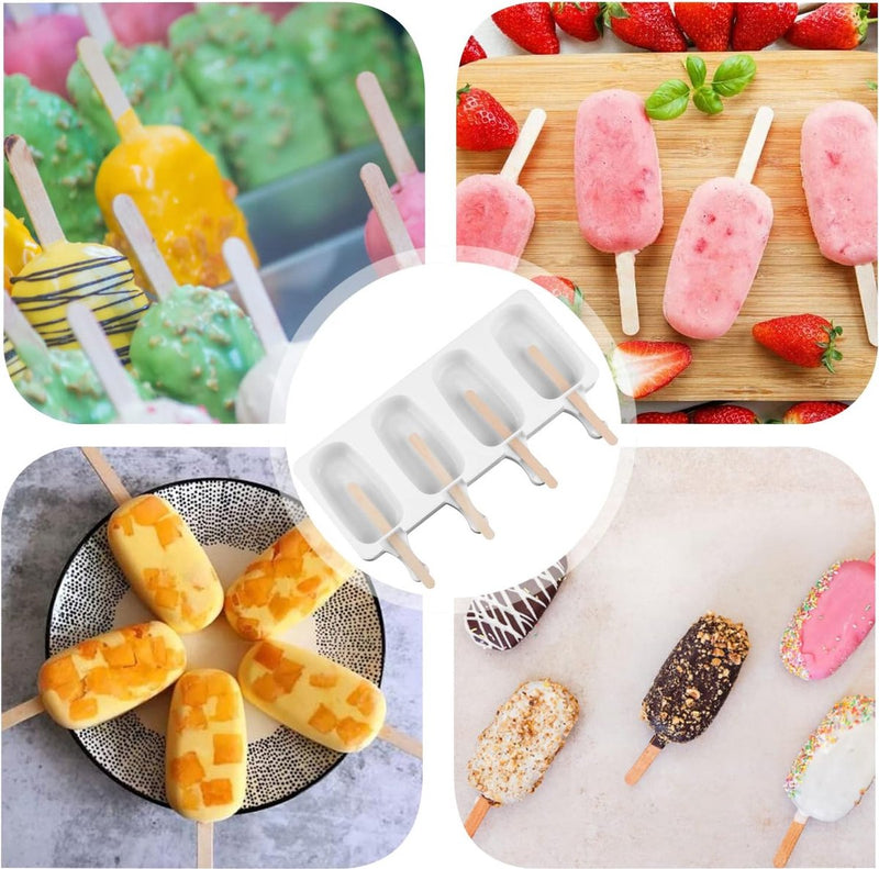 IJsvormen, siliconen ijsvormen, 2 stuks, 8 cellen, ijsvormen, popsicle vormen, herbruikbare doe-het-zelf ijsvorm met 100 houten stelen voor het invriezen van fruit of yoghurt steelijs, BPA-vrij